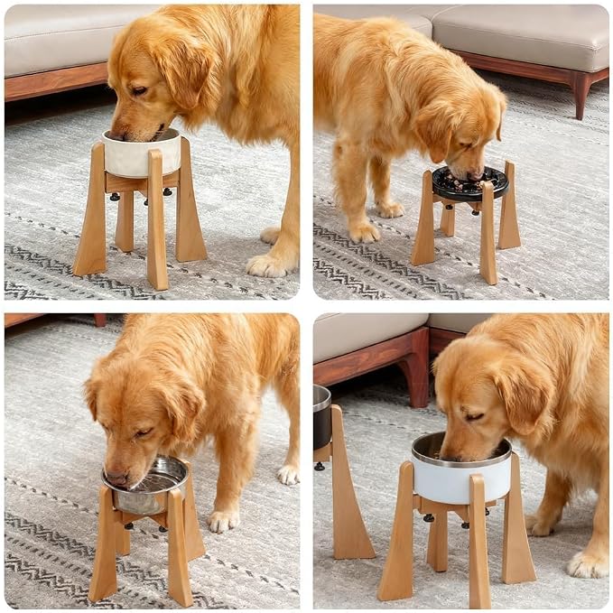 Elevated Bowl Stand 10-inch with Heavy Duty Beech Wood Made, Anti-Vomit Design for Medium Breed, Senior Dogs, Ergonomic Neck Protecting, Adjustable Diameter, Easy Clean Non Toxic