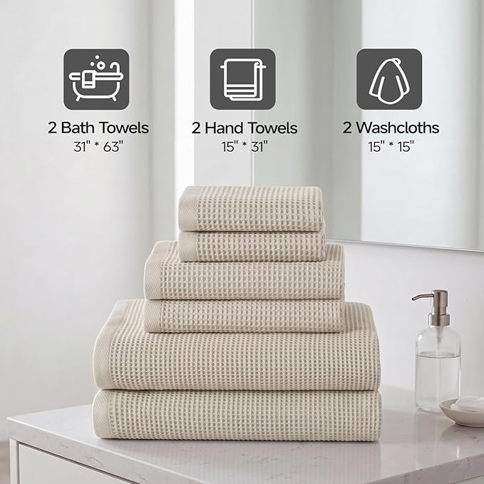 ecolook 6-Piece Waffle Weave Towel Set, 100% Cotton, Lightweight, Absorbent & Quick-Drying, 2 Bath Towels (31×63 in), 2 Hand Towels, 2 Washcloths, Lint-Free for Bathroom, Pool, Gym, Travel - Khaki