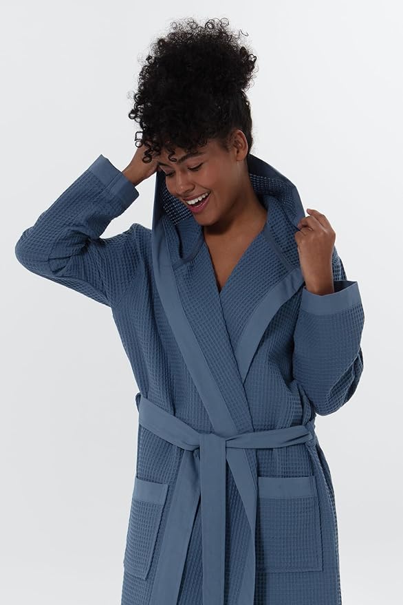 SEYANTE Women's Organic Cotton Waffle Kimono, Hooded Robe – GOTS Certified Lightweight Full-Length Spa Bathrobe with Piping