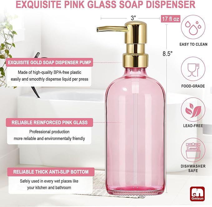 GMISUN Pink Soap Dispenser Bathroom, 1 Pack Glass Dish Soap Dispensers for Kitchen with Rustproof Plastic Gold Pump, 17 Fl Oz Bathroom Hand Soap Dispenser, Modern Liquid Dishwashing Dispensers Bottle