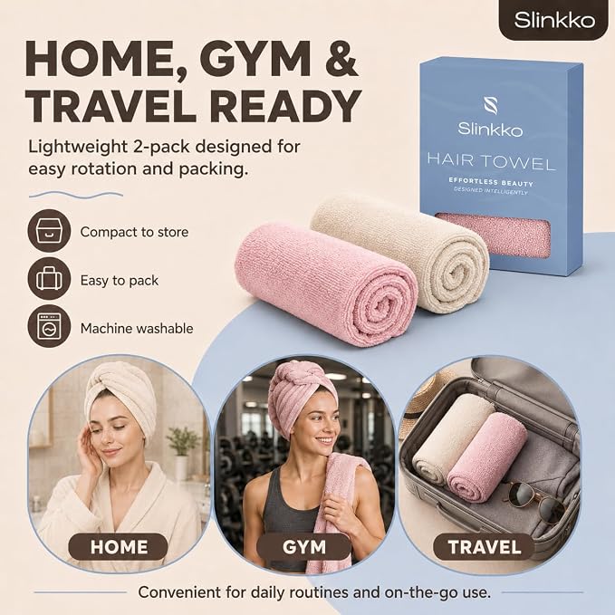 Microfiber Hair Towel Wrap for Women – Ultra Absorbent Quick Dry Turban | Button & Loop Design | Soft Lightweight Fabric | Reduces Frizz & Breakage | All Hair Types | Pink & Beige
