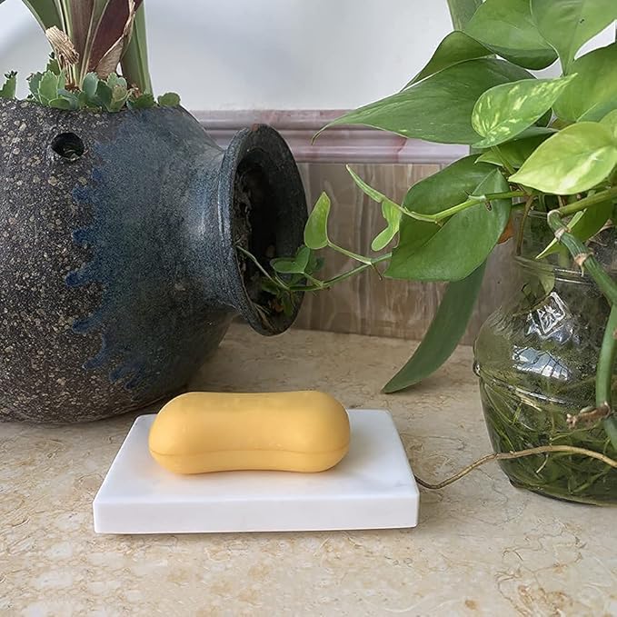 Natural Smooth Real Marble Soap Dish/Facial Sponge Holder/Bathroom Makeup Sponge Tray with Draining Hole (Volakas White)