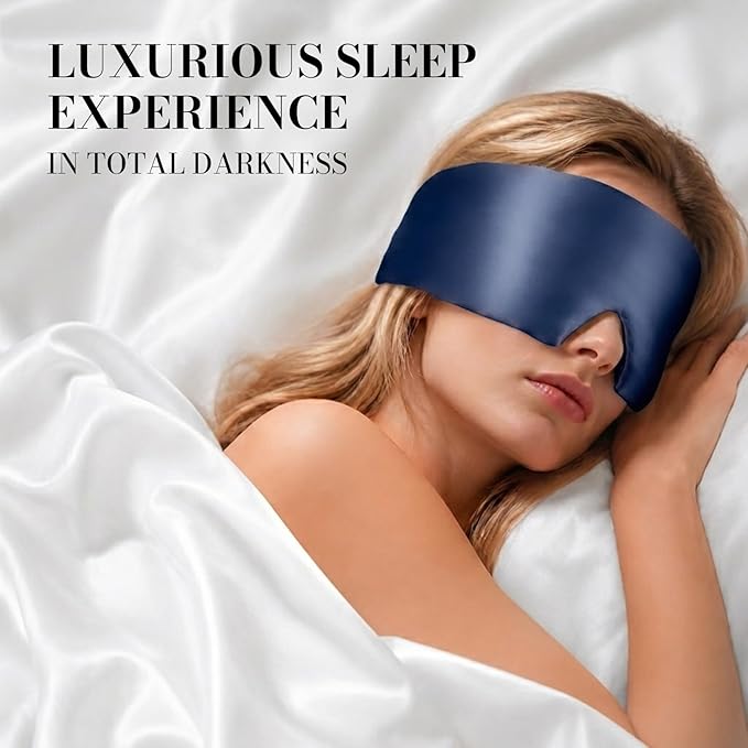 22 Momme Pure Mulberry Silk Sleep Mask, 3D Contoured Cup Eye Mask for Sleeping, Super Soft Breathable Blindfold with Adjustable Strap, Perfect Blocks Light for All Night Sleep, Blue