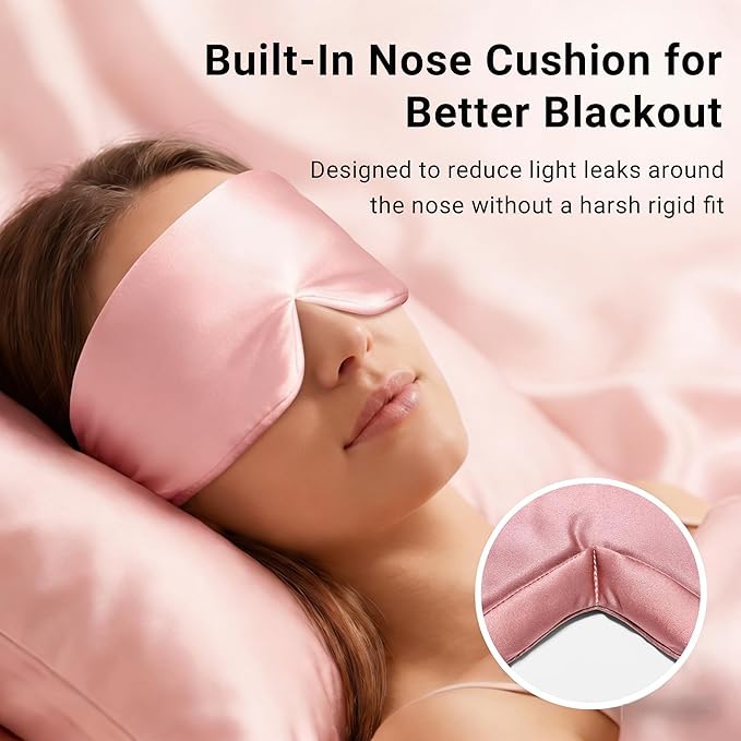 Mulberry Silk Sleep Mask for Women, 100% Blackout Eye Mask for Sleeping, Full Wrap Eye Cover with Adjustable Fit, Soft on Skin and Hair, 22 Momme Pink