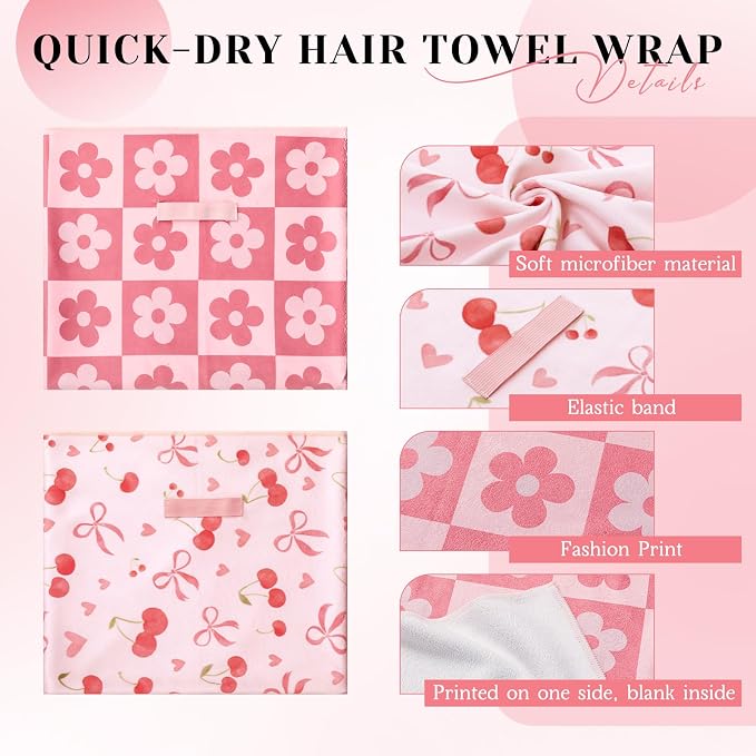 2 Pcs 40 x 24 Inches Large Microfiber Hair Towels Quick Dry Hair Towel Wrap for Women, Suitable for Home, Recreation, Beach, Yoga, Gym, Camping, Etc (Cherry,Flowers)