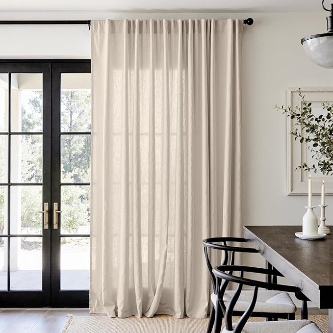 jinchan Extra Wide Sliding Door Curtain 96 Inch Length Oatmeal Linen Curtains Semi Sheer Drapes for Patio Door Living Room Bedroom Home Office Light Filtering Drapes 100 Inches Wide 1 Panel