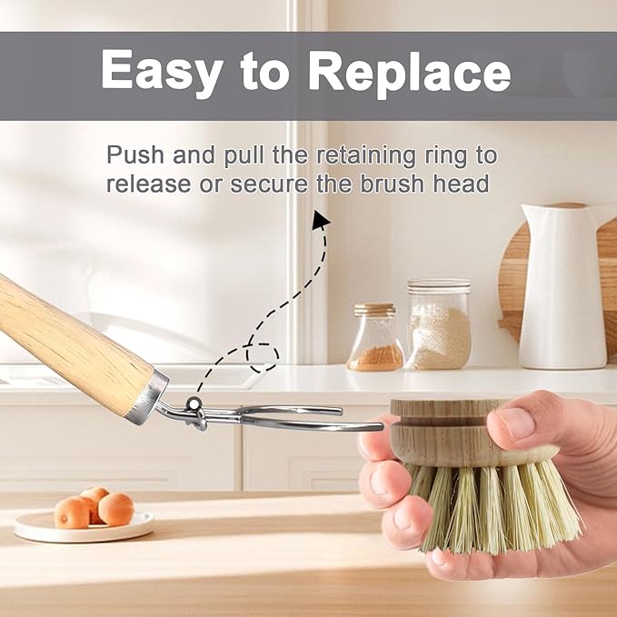 Wooden Dish Brush Set, 4 Natural Bristle Replacement Heads with 1 Sturdy Wooden Handle, Sisal Kitchen Scrub Brush for Pots, Pans, Vegetables and Cookware