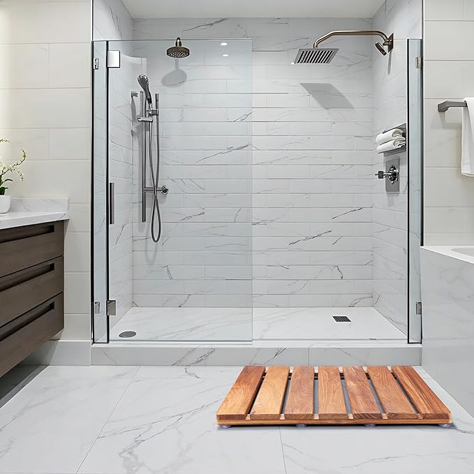 Natural Teak Wood Shower Bath Mat,23.43 * 16.73 Inches,Non-Slip Rubber Feet, Premium Wooden Floor Mats for Spa, Sauna, Pool and Hot Tub, Flooring Decor and Protector, Indoor and Outdoor Use
