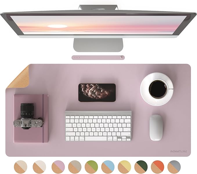 RENMTURE Dual-Sided Large Desk Pad, Faux Leather Natural Cork Mouse pad, Desk Accessories Protector, for Office and Home Work (Dusky Pink, 32"x16")