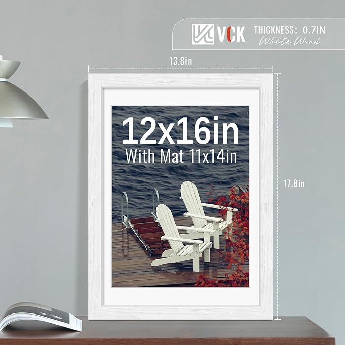 VCK 12x16 Picture Frames White 3 Pack, Wide Border Wood, Tempered Glass, Display 11x14 Photo with Mat or 12 x 16 without, for Home, Office, Gallery, Woodgrain Series, Wall Hanging