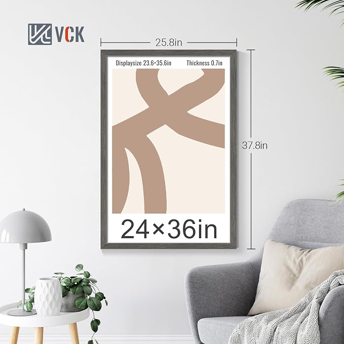 VCK 24x36 Poster Frame Set of 4 - Grey, Gallery-Quality Wood Picture Frames, 1.1-Inch Wide Border, Polished Plexiglass, Vertical or Horizontal Wall Display for Photo/Art/Prints, Grey
