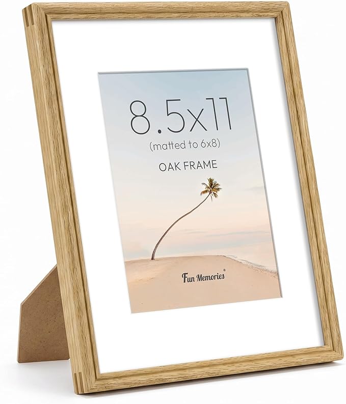 8.5x11 Picture Frame with Mat for 6x8, USA-Sourced Natural Oak Wood Handcrafted Rounded Corner with HD Tempered Glass, 8.5 x 11 Photo Frames Gallery Wall & Tabletop, Vertical or Horizontal Display