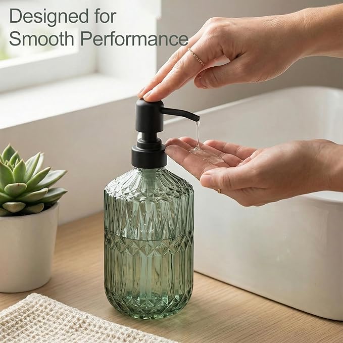 2-Pack Green Glass Soap Dispenser for Bathroom, Decorative Hand Soap Dispenser with Black Rust Proof Pump, Farmhouse Kitchen Soap Dispenser for Hand Soap, Dish Soap, Lotion, Body Wash (14 OZ)