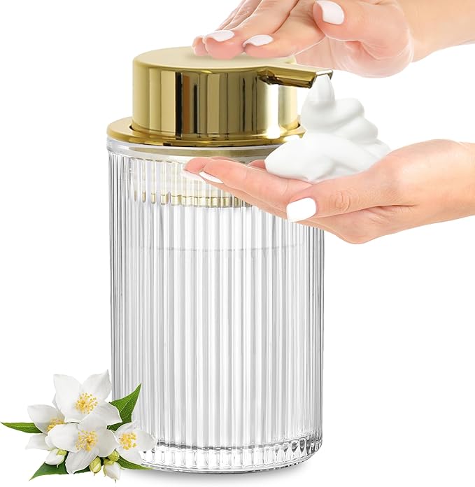 KASUNTING Foaming Soap Dispenser, 11 Fl Oz Clear Glass Foam Hand Soap Dispenser for Bathroom & Kitchen, Refillable Foaming Bottle with Gold Pump, Modern Ribbed Dish Soap Foam Dispenser