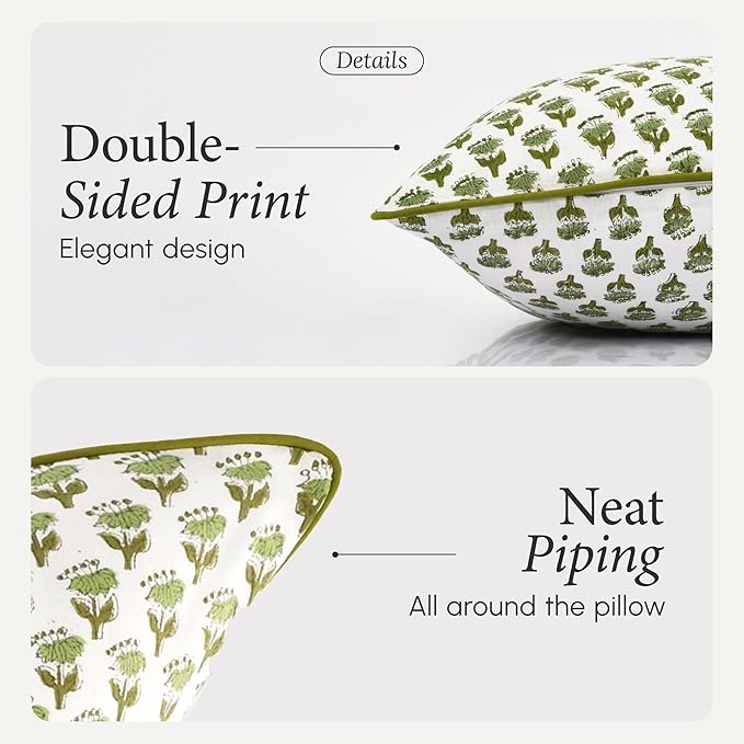 CPC 100% Cotton Throw Pillow Covers 20x20 Inch, Set of 2 Green Block Print Pattern Couch Pillow, Cute Boho Decorative Pillows for Living Room, Bedroom with Hidden Zipper- Emerald Green
