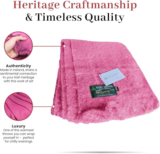 Biddy Murphy Ultra Soft Irish Mohair & Wool Throw Blanket, Made in Ireland, 54"x72", Solid Pink