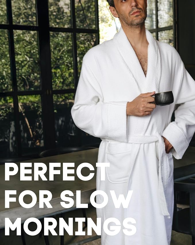 sea me at home Turkish Cotton Waffle Bathrobe, Luxury Spa Hotel Shawl Collar Robe for Women & Men, Plush Terry Inside