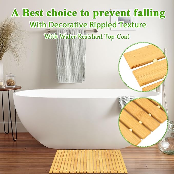 QTLCOHD 2 Pcs Bamboo Bath Mat, Wood Shower Bathroom Mat, 16 x 24 Inch | Non Slip Bathtub Mat, Foldable Waterproof Non Slip Accessories for Floor, Sauna, Spa, Hot Tub