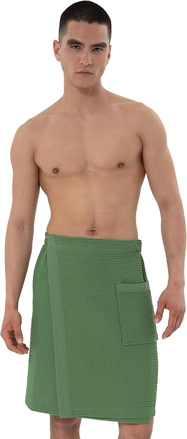 SEYANTE Men's Organic Waffle Spa Wrap – GOTS Certified 100% Turkish Cotton, Adjustable Closure, Same-Color Piping