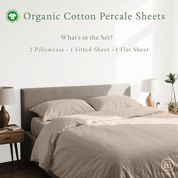Threadmill 100% Organic Cotton Sheets - Queen, 4 Piece, Beige - Certified by GOTS - Soft and Cooling Bedsheet Set with Reusable Bag, Snug Fit with 16" Deep Pocket - Ultra Light