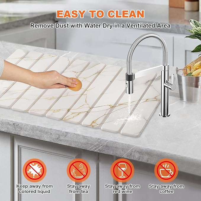2-Pack Diatomaceous Earth Dish Drying Mat, Fast-Absorbing Stone Drying Mat for Kitchen Counter, Foldable Quick-Dry Dish Mat for Kitchen, Bathroom Sink(gold)