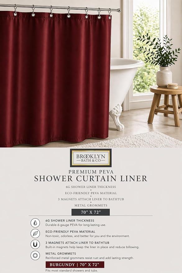Home Expressions Brooklyn Bath & Co. Premium PEVA Shower Curtain Liner – Beige, 70 x 72 Inch, Waterproof Heavy Duty Shower Liner with Grommets & 3 Magnets (Burgundy-1)