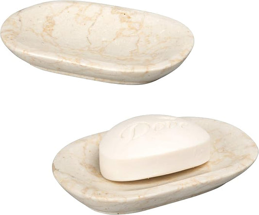 Creative Home Natural Champagne Marble Set of 2 Piece Soap Dish Soap Tray Holder for Bathroom Countertop, Showers or Kitchen Sink