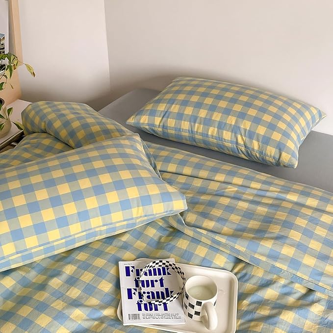 mixinni Plaid Duvet Cover Set Twin Yellow - Soft Washed Cotton Modern Geometric Bedding Set with 2 Pillowcases, Blue Green Gingham Grid Twin Duvet Cover for Men & Women, Soft & Lightweight