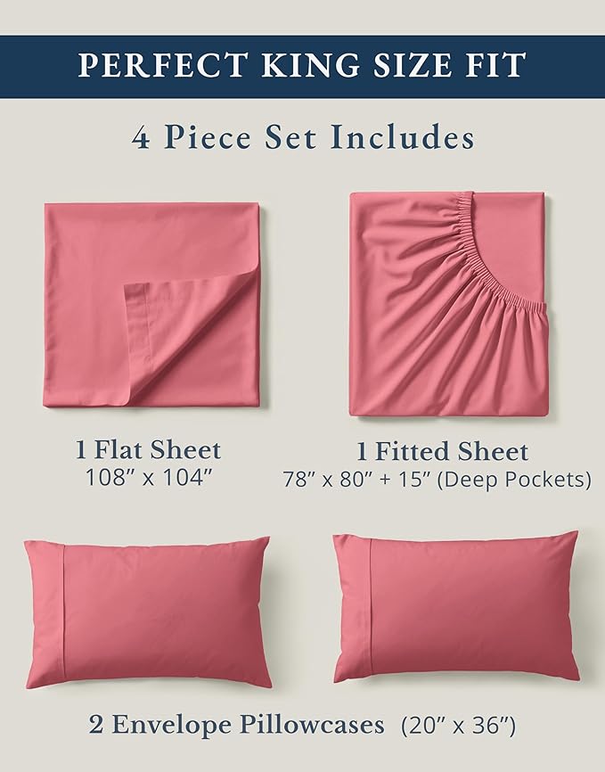 LANE LINEN 100% Organic Cotton Bedsheets King Size Bed, Soft & Comfy Luxury Hotel Style Percale Cooling Sheets King Size, Oeko Tex Certified Sustainably Produced Cotton Sheets- Mineral Red