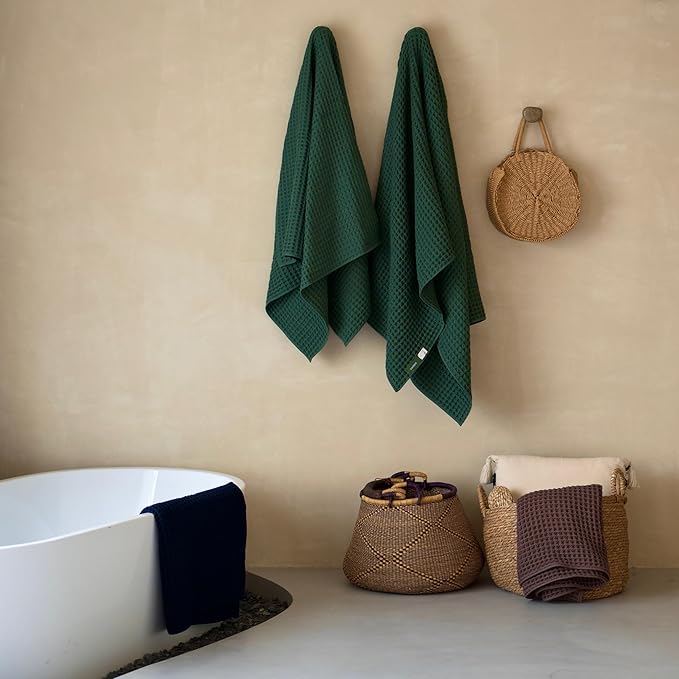 Luxury Organic Japanese Cotton Waffle Bath Towel | Thick, Absorbent, Quick Dry Bathroom Towels for Shower, Sauna, Onsen| Hotel & Spa Quality, Gift-Ready (Forest Green, Hand Towel (3 Pack))