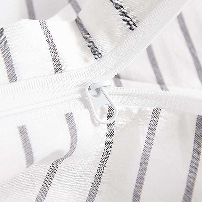 NEXHOME PRO Striped Duvet Cover Queen Size,100% Washed Cotton Bedding Set,Textured Linen Feel,Breathable,Organic,3 Piece(Grey Stripes 90x90)