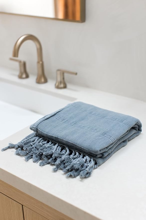 InfuseZen Stonewashed Turkish Cotton Bath and Beach Towel - Denim Blue/Grey | 100% Organic, Thin, Soft, Lightweight, Absorbent, Quick-Drying, Large Peshtemal, Sand-Resistant for Shower, Pool, Spa, Travel