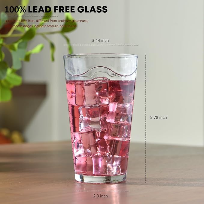 ALINK 16 oz Vintage Drinking Glasses, Set of 6 Wave Line Highball Glass Cups Bar Glasses, Clear Heavy Base Stemmed Water Glasses for Beer, Iced Coffee, Cocktail, Wine, Iced Tea, Dishwasher Safe