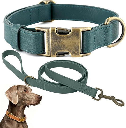 Silicone Dog Collar and Leash Set, Waterproof & Odor-Proof Puppy Collar for Small Dogs, Soft Flexible Leather-Look Dog Collars, Durable Thick Adjustable Pet Collar (Green, Large (16-24.5" Neck))
