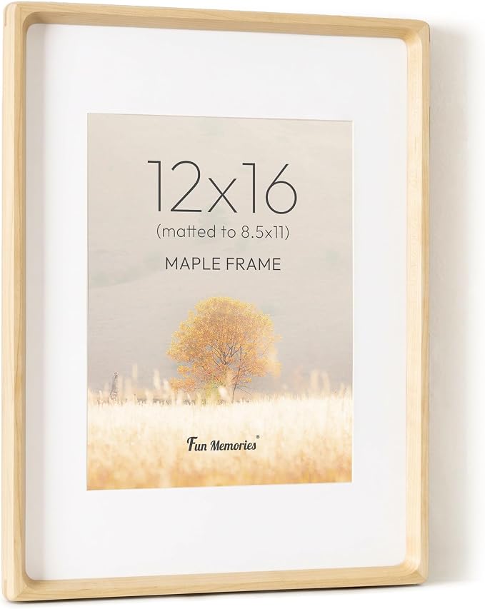 12x16 Picture Frame, USA-Sourced Maple Wood Photo Frames with HD Tempered Glass, Handcrafted Rounded Corner 12 x 16 Wooden Frames Matted to 8.5x11 Photos, Horizontal or Vertical Wall Display