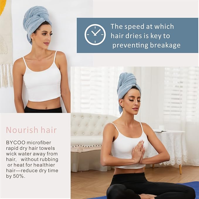 Large Microfiber Hair Towel Wrap for Women, Anti Frizz Hair Drying Towel with Elastic Strap, Fast Dry | Super Absorbent | Quick Dry Hair Turban for Wet, Curly, Long & Thick Hair -Blue