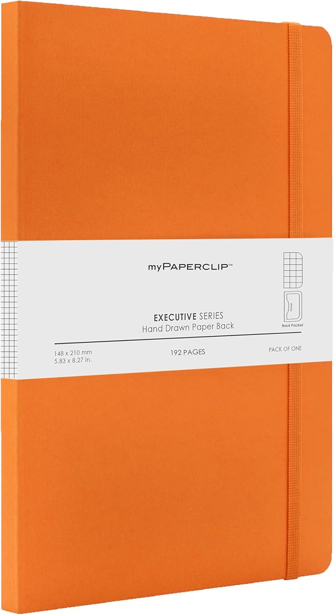 myPAPERCLIP Executive Series A5 Checks/Square Grid Notebook | 192 Pages, 80 GSM, Soft Cover, A5 (5.83 x 8.27 in) | Flat Lay | Bookmark, Elastic Closure & Back Pocket | Orange