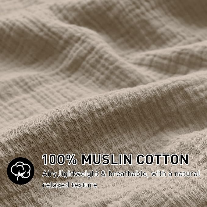 EMME Muslin Cotton Duvet Cover Set Khaki Queen Size Linen Like Soft Breathable Lightweight Summer Comforter Cover Set with Zipper Closure (Khaki, Queen, 90"x90")