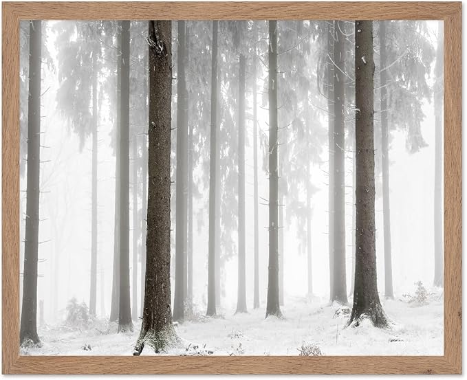 Monem Art Foggy Winter Forest Photography Print - Minimalist Snowy Landscape Poster - Wall Decor for Living Room, Bedroom or Office - 12x16 Beige Framed Wall Art by Mareike Bohmer