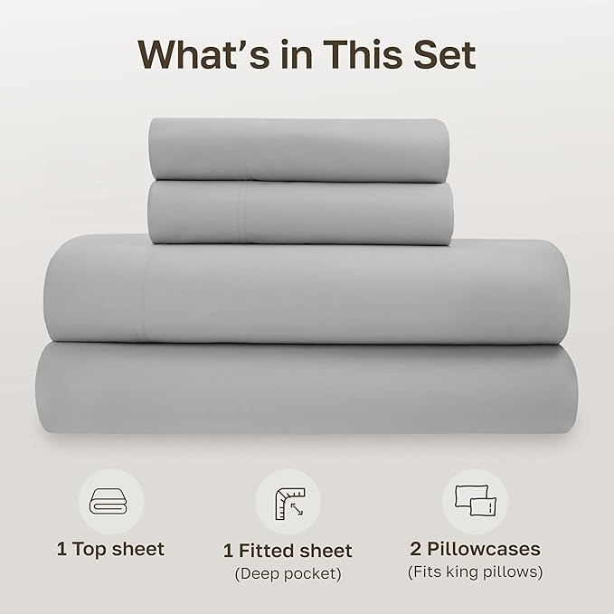 California Design Den California King Sheets Set - Soft 100% Organic Cotton Sheets with Deep Pockets, Crisp Percale, Breathable and Durable Bedding Set - Light Grey