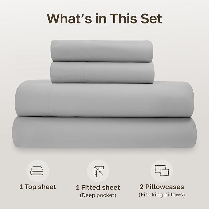 California Design Den King Size Sheets Set - Soft 100% Organic Cotton, Crisp Percale Sheets with Deep Pockets, Breathable and Durable Bedding Set - Light Grey