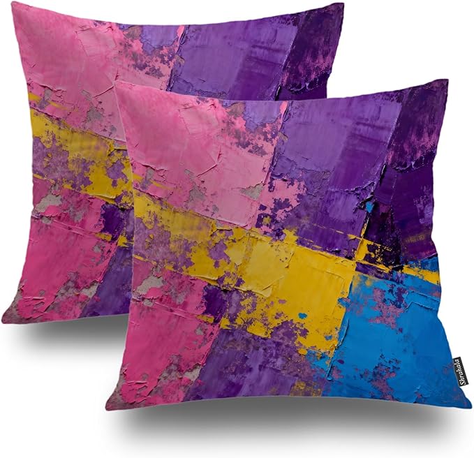 Shrahala Pink Art Watercolor Decorative Throw Pillow Cover, Purple Abstract Fuchsia Square Pillowcase Blended Double-Sided No Inserts for Bedroom Living Room Set of 2 (16 X 16 in)