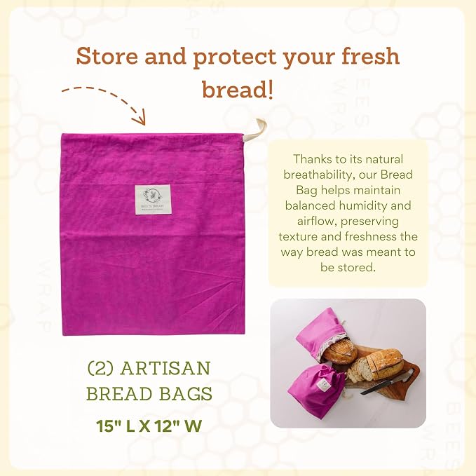 Bee’s Wrap Beeswax Bread Bag - 2 Meadow Magic Reusable Beeswax-Lined Bread Storage Bags - Breathable & Sustainable Homemade Bread Saver - Plastic Free Eco-Friendly Alternative