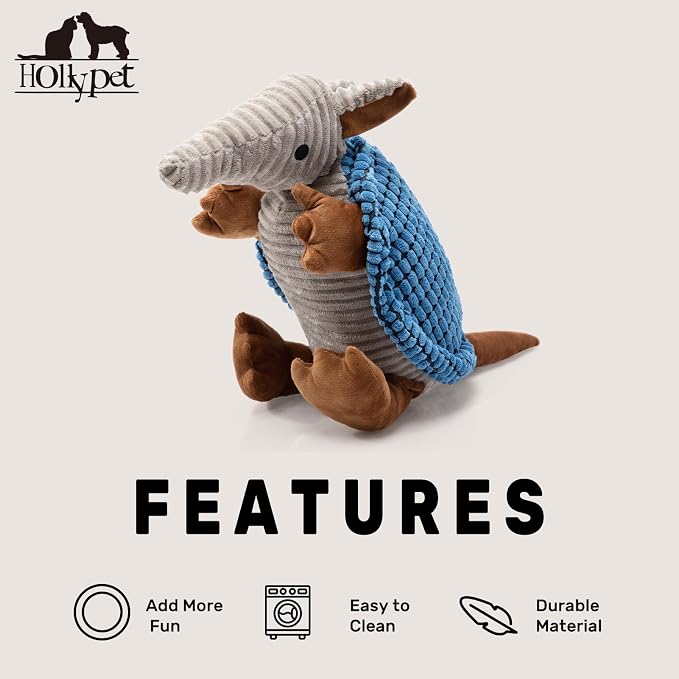 Hollypet Plush Dog Squeaky Toy Stuffed Armadillo Animal Pet Puppy Chew Toys with Clean Teeth for Small Medium Large All Breed Sizes Dogs, Blue, 10 in