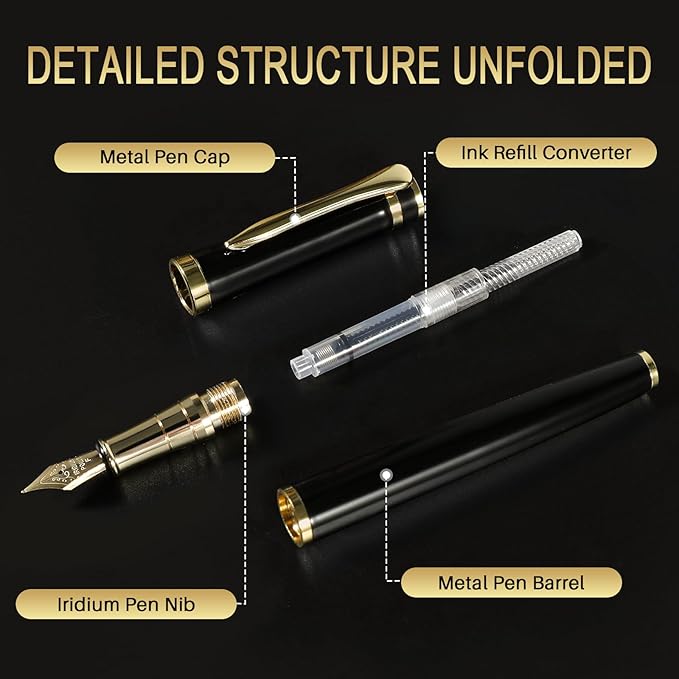 Fountain Pen with Fine Nib | Luxury Black Finish, Smooth Ink Flow, Complete Set with Ink Cartridges, Converter & Sleeve | Ideal for Professionals, Office, Journaling, and Gifts