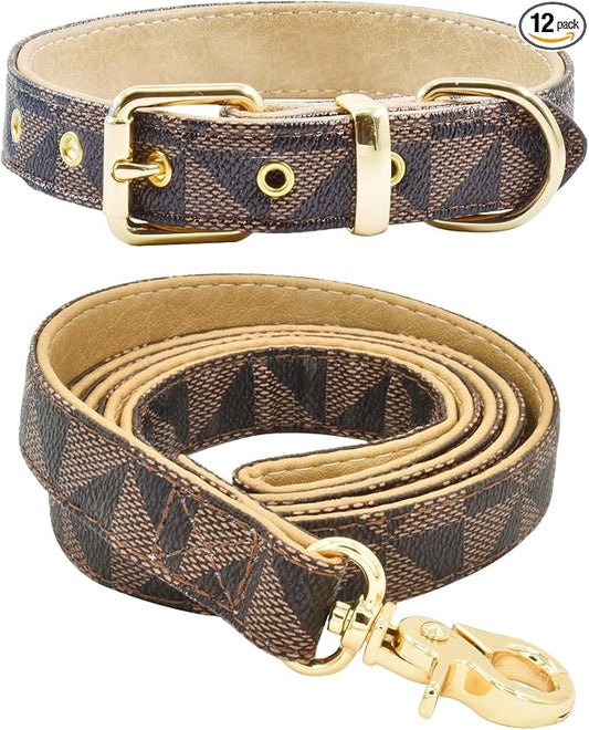 Leather Dog Collar and Leash Set, Check Pattern Dog Collar Leashes Metal Buckle Adjustable Durable for Small Medium Large Dogs (Brown, XL(18-22IN))
