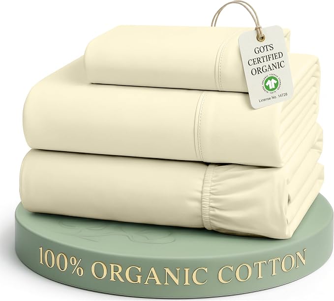 LANE LINEN Twin XL Sheet Set 100% Organic Cotton Percale Cooling - Vanilla | Twin XL Sheet Set, Pure Long-Staple Organic Cotton - Crisp, Cool & Breathable, For Hot Sleepers, All-Season Comfort
