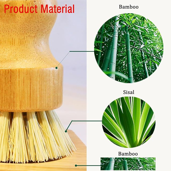 Bamboo Vegetable Brush 5-piece Set，Natural Bristle Dish Brush with Holder, Eco Friendly Soft Dish Scrubber Kitchen Brush for Dishes