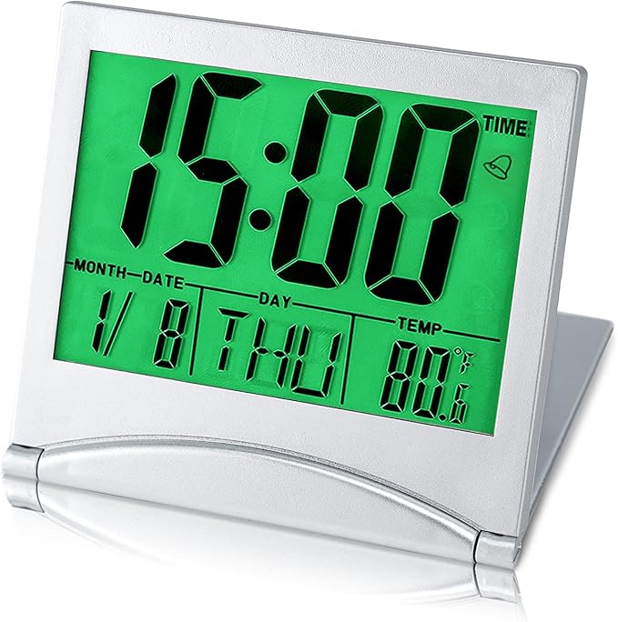 KANBIT Small Digital Travel Alarm Clock Battery Operated, Portable LCD Large Display Alarm Clock with Backlight, Temperature Desk Clock -Silver(Green Light)