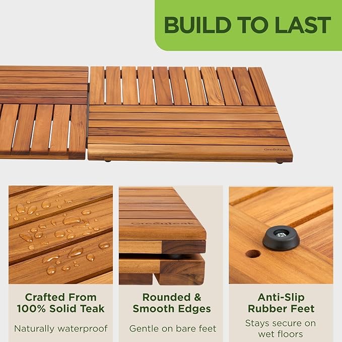 Premium 39"x21" Solid Teak Shower Mat, Extra Large Foldable Teak Bath Mat, Fast-Drain Slatted Design, Non-Slip Feet, Quick Dry for Bathroom, Door, Sauna, Indoor & Outdoor, 385 Lbs Capacity
